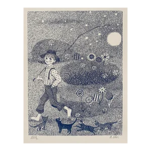 1970s Children's Etching of Boy Fishing With Cats by Coler