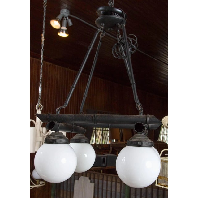 Chinoiserie Four White Globe Black Metal Faux Bamboo Chinoiserie Chandelier For Sale - Image 3 of 6