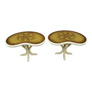 Mid 20th Century Vintage Hollywood Regency Gold Glass Kidney Shaped White Side Tables - a Pair For Sale