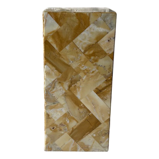 Antique Golden Stone Mosaic Pedestal With Geometric Inlay For Sale