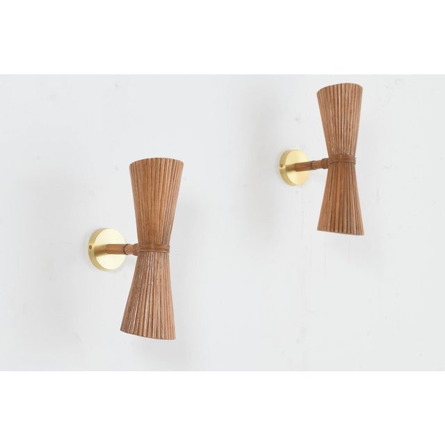 Not Yet Made - Made To Order Pair of Rattan & Brass Wall Sconce For Sale - Image 5 of 8