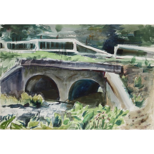 Figurative 1950s "Bridge in Central Park and Manhattan View from Brooklyn 70" Watercolor Painting by Eve Nethercott For Sale - Image 3 of 3