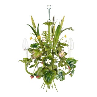 Vintage French Toleware Chandelier Flower Bouquet Green, 1960s For Sale
