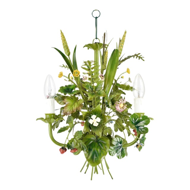 Vintage French Toleware Chandelier Flower Bouquet Green, 1960s For Sale