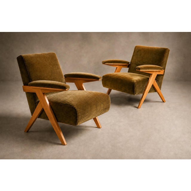 1950s José Zanine Caldas Pair of Brazilian Modern Armchairs in Pau Marfim & Olive Mohair, Brazil, 1950s For Sale - Image 5 of 18