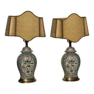 Late 20th Century Pair Lamps Custom Fortuny Shades For Sale