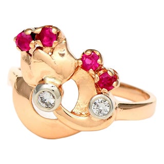 14KRW Retro Modern Diamond & Synthetic Ruby Ring, size 7.5 For Sale