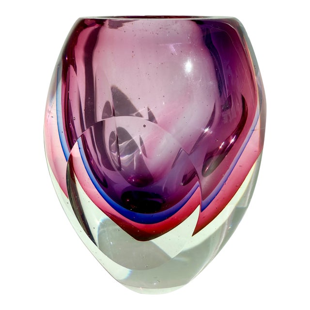 Vintage Murano Sommerso Art Glass Flavio Poli Seguso Venetian Facet Cased Vase 5.5'' For Sale