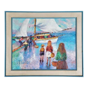 Vintage Mid-Century Modern Mediterranean Oil Painting Canvas Sailboat by Manol