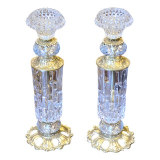 French Style Crystal & Brass Single Candle Holder Set of 2 for Refined Interiors For Sale
