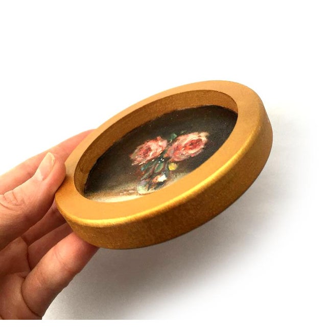 Set of 3 Miniature Rose Oil Paintings Vintage Frames Tiny Floral Wall Art Roses For Sale - Image 10 of 14