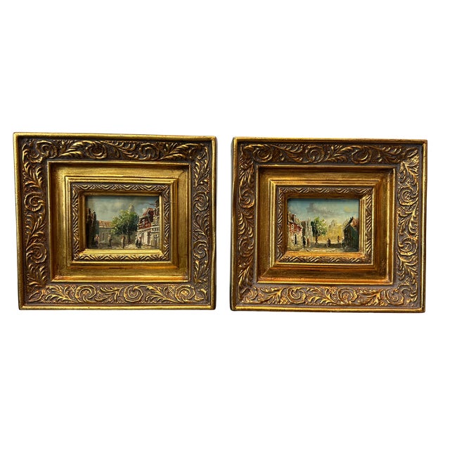 Pair of Vintage European Street Scene Oil Paintings on Board – Miniature Impressionist Art in Ornate Gilt Frames This...