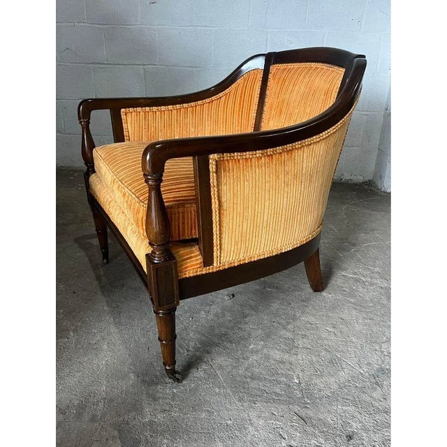 Mid 20th Century Pair of Vintage Hollywood Regency Style Mahogany Inlaid Club Lounge Armchairs by Statesville Club For Sale - Image 5 of 12