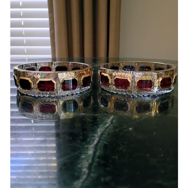 Moser Glassworks 1920s Moser Art Deco Czech 24k Gold & Ruby Cabochon Crystal Pair of Ashtrays For Sale - Image 4 of 10