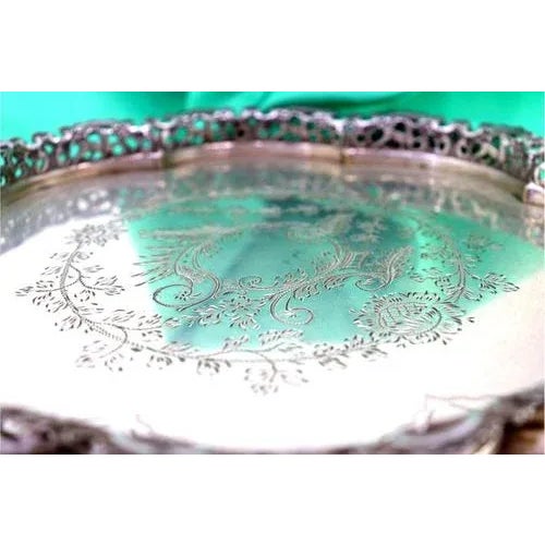 Silver Plated Salver with Scalloped and Guilloche Grid For Sale - Image 5 of 7