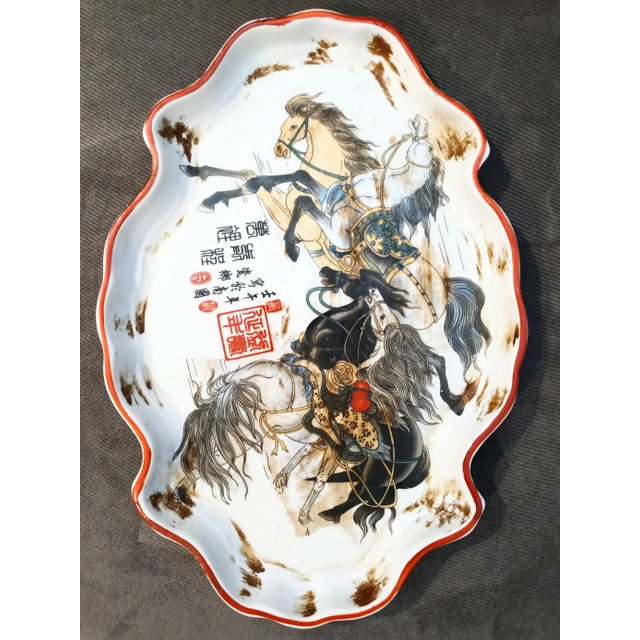 Ceramic Chinoiserie Ceramic Vintage Equestrian Horse Print Decorative Platter For Sale - Image 7 of 7