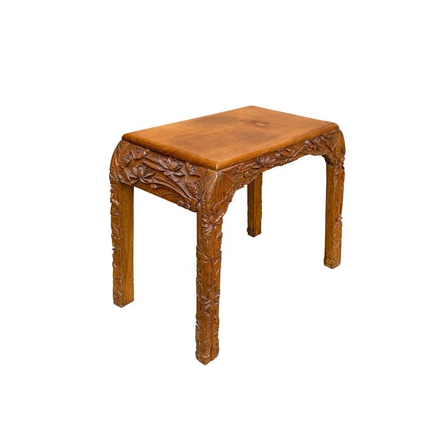 Asian Vintage Oriental Floral Relief Carving Light Brown U Shape Stool Side Table For Sale - Image 3 of 5