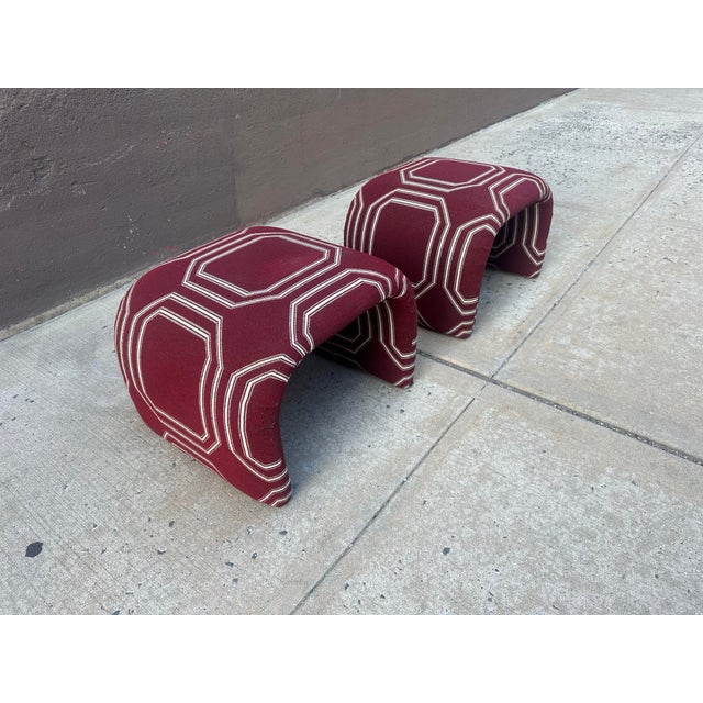 Pair of Custom Sculptural Waterfall Stools in Designer Burgundy Wool with Graphic Trim Elevate any space with this...