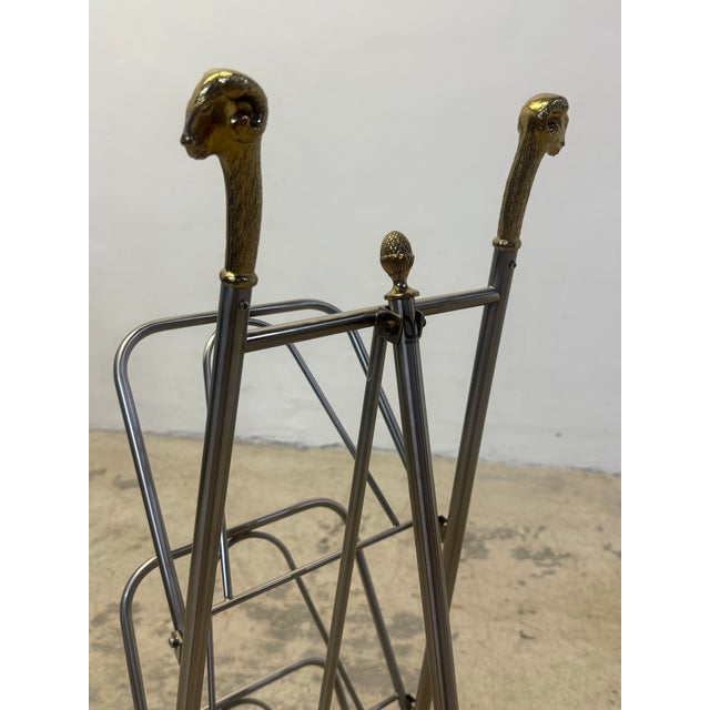 Maison Jansen Style Steel and Brass Rams Head and Feet Magazine Rack, Italy For Sale - Image 11 of 12