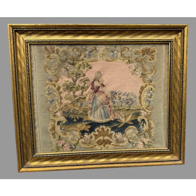 Early 20th Century Antique Victorian Gilt Framed Scenic Landscape Needlepoint Tapestry With Girl For Sale - Image 5 of 8
