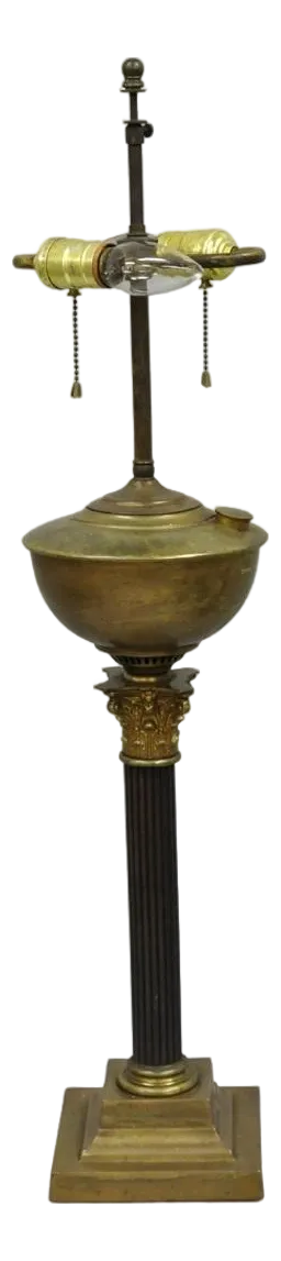 Antique French Empire Brass Converted Oil Lamp Mahogany Wood Column Table Lamp