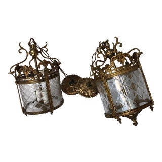 1920s Hollywood Regency Cut Crystal and Brass Pendants - a Pair For Sale