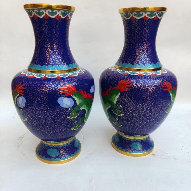 Pair of Vintage Cloisonné Enamel Dragon Vases – Sapphire Blue Ground, Gilded Accents For Sale In Los Angeles - Image 6 of 9