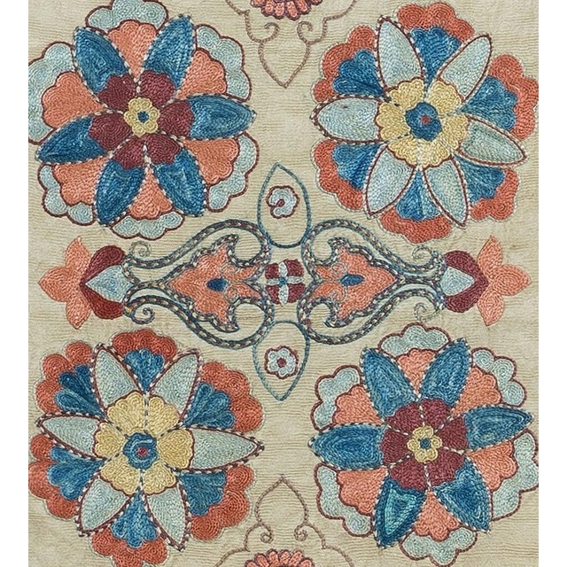 Decorative suzani cushion cover made of hand embroidery silk on silk background, flowers and vine motifs, linen backing...