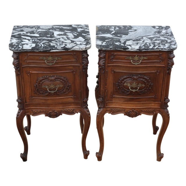 Antique Italian Walnut and Marble Bedside Tables, 1920s, Set of 2 For Sale