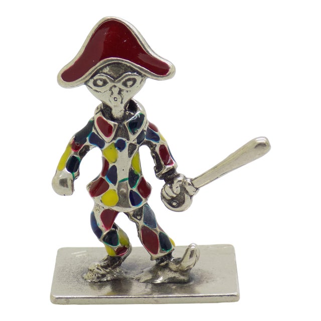 Vintage Italian Handmade Genuine Silver Carnival Harlequin Enamel Figurine For Sale