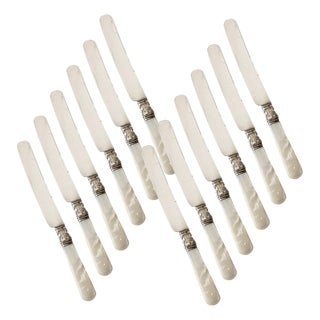 Early 20th Century Pearl Handle Dinner Knives, Sterling Cuffs, Set of 12 For Sale