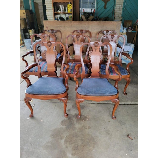 Late 20th Century Georgian Furnishing Mahogany Carved Shell Queen Anne Style Armchairs Set of 8 For Sale - Image 4 of 12