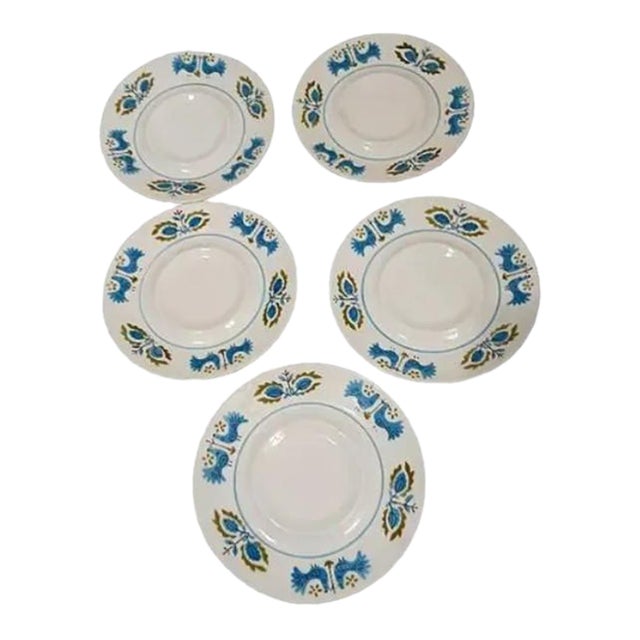 5 Pc Mikasa Saucer Plates Mediterranean Blue Bird Mid Century 4026 Vintage For Sale