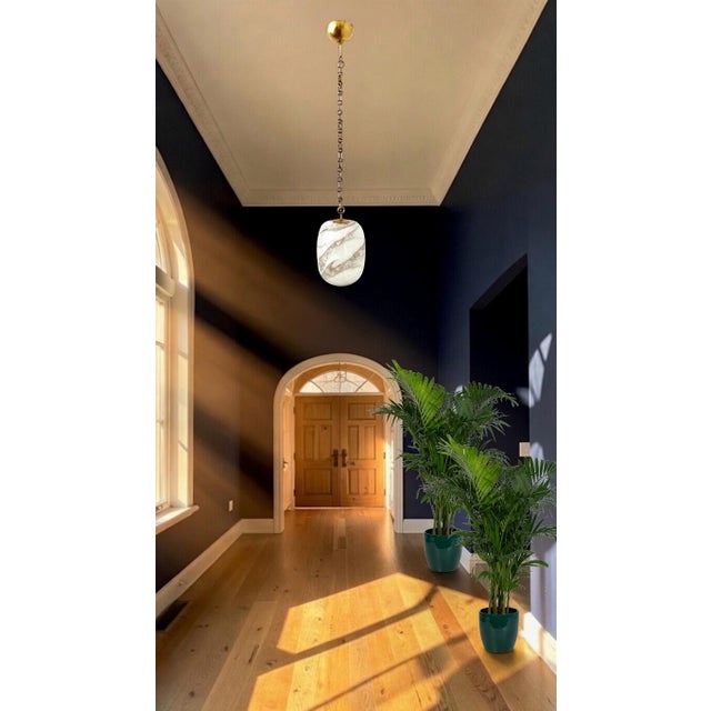 Italian Handblown Faux Alabaster Glass Pendant With Brass Chain and Fittings For Sale - Image 18 of 18