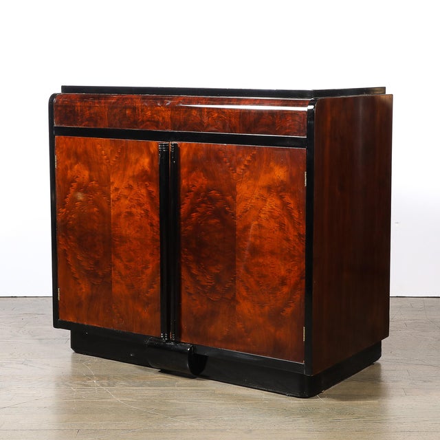 Art Deco Machine Age Waterfall Front Book-Matched Walnut & Black Lacquer Cabinet For Sale - Image 11 of 18
