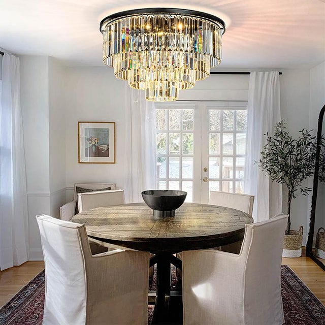 Aloadecor 8-Lights Modern Matte Black 4-Tier Round Fringe Crystal Flush Mount Ceiling Light For Sale In Houston - Image 6 of 6