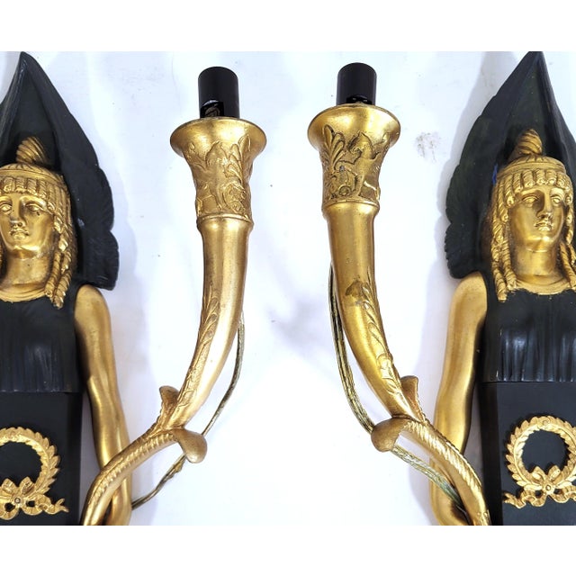 Pair French 19th C Empire Caryatid & Winged Lions Bronze Wall Sconces For Sale - Image 10 of 18