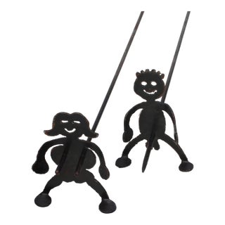 1990s Black Wrought Hotdog or Marshmallow Skewers in Male and Female Forms For Sale