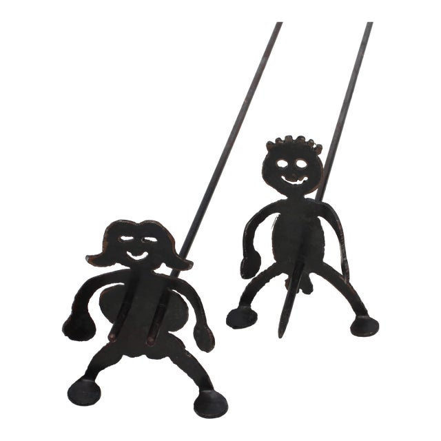 1990s Black Wrought Hotdog or Marshmallow Skewers in Male and Female Forms For Sale