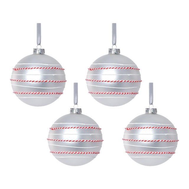 Matte Ball Ornaments with White & Red Rope, Set of 4, White, 4.75" For Sale
