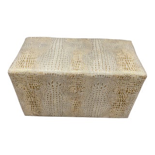 1980s Vintage Gilded Faux Gator Leather Rectangular Footstool Ottoman Pouf For Sale