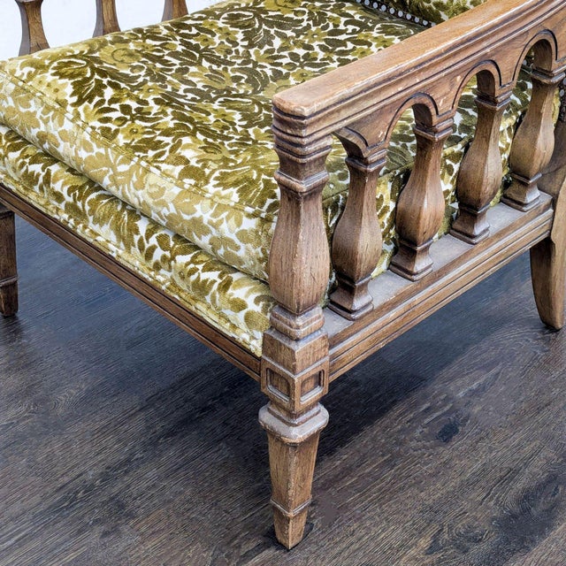 Wood Thomasville Vintage Lounge Chair With Carved Wood Frame and Green Floral Upholstery For Sale - Image 7 of 8
