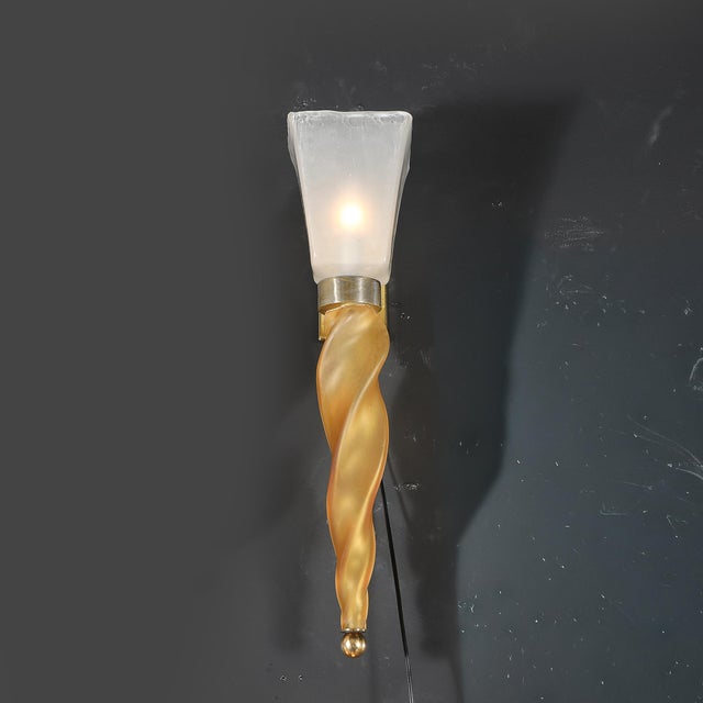 Mid-Century Modern Mid-Century Hand-Blown Murano Frosted Glass Sconces With Spiral Amber Drop For Sale - Image 3 of 18