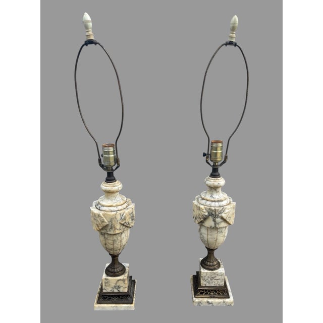 Mid 20th Century Vintage Carved Marble Alabaster Urn Table Lamps Neoclassical Hollywood Regency - a Pair For Sale - Image 5 of 8