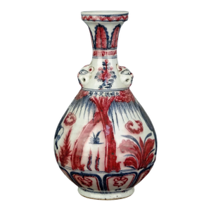 Chinese Vintage Ceramic Vase,Ming Dynasty Hongwu Marked Blue and White Underglaze Red Porcelain Yuhuchun Vase Hand Painted Figures Pattern