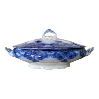 Antique English Flow Blue Covered Tureen | Staffordshire Serving Dish | Attributed Adams & Son | Victorian Transferware For Sale