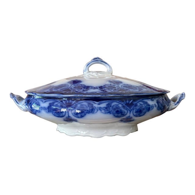 Antique English Flow Blue Covered Tureen | Staffordshire Serving Dish | Attributed Adams & Son | Victorian Transferware For Sale