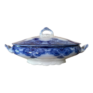 Antique English Flow Blue Covered Tureen | Staffordshire Serving Dish | Attributed Adams & Son | Victorian Transferware