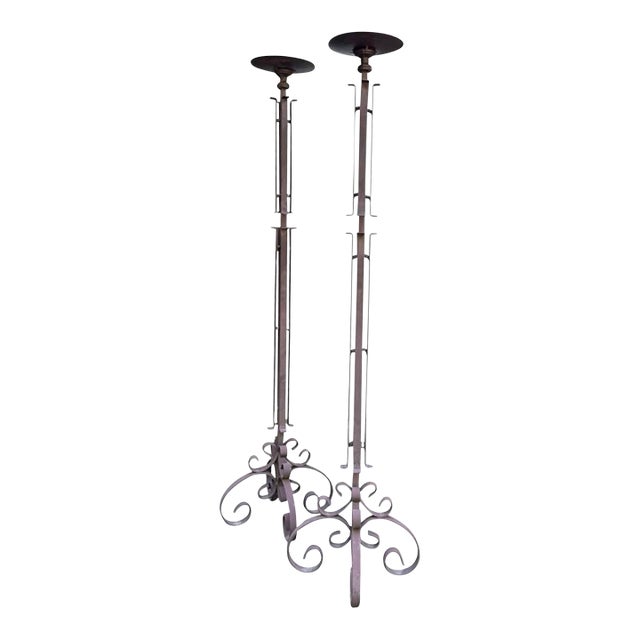 Pair of Monumental Vintage Spanish Revival Wrought Iron Floor Candle Holders For Sale