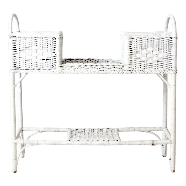Antique White Wicker Planter Basket Stand For Sale